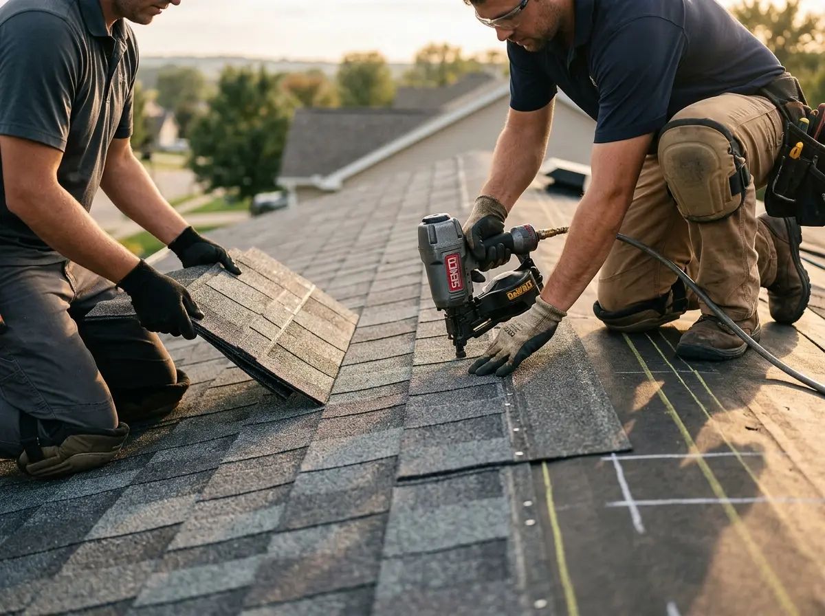 Professional roofer working on a residential roof in Glenview